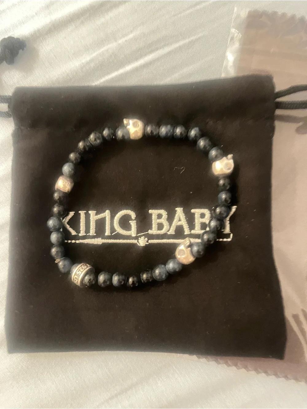 King Baby 8 inch Black Onyx Beaded Skull Bracelet .925 Made in the 🇺🇸